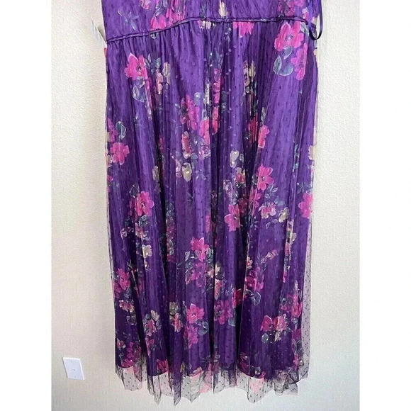 Mac Duggal Leena Cap Sleeve Floral A Line Dress Pleated Dot Tulle Womens Size 8 - Picture 6 of 14